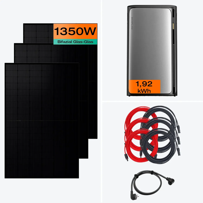 Planta de energía solar para balcón EcoFlow de 1350 W con acumulador STREAM Ultra de 1,9 kWh (3 paneles solares)