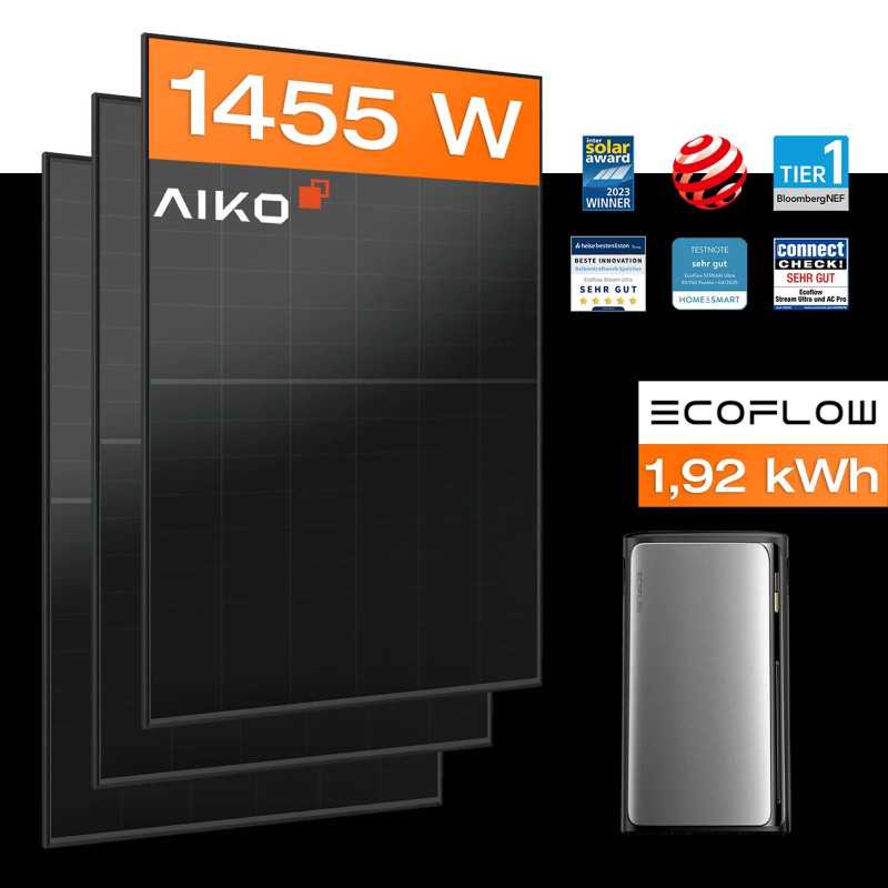 EcoFlow 1455 Wp balcony solar power station with STREAM Ultra 1.9 kWh battery (3 solar panels)